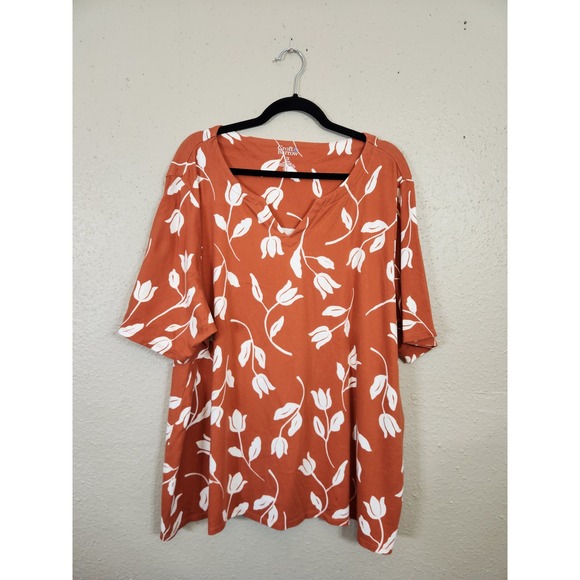 Croft & Barrow Floral Print Top V-Neck Short Sleeve Blouse Rust‎ Orange 2X - Picture 1 of 5